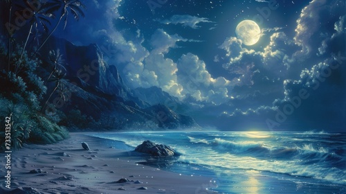A serene beach scene with mermaids basking in the moonlight