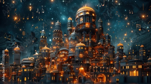 An abstract 3D city constructed from instruments of a symphony orchestra under a music-note starry sky