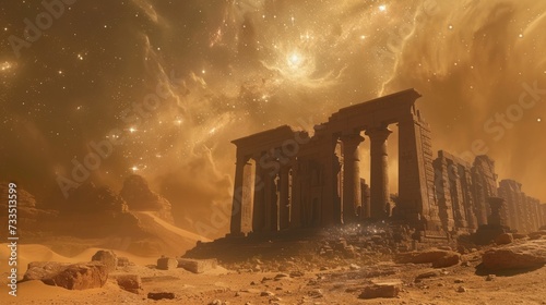 An ancient ruin in a desert with galactic constellations visible in the bright midday sky photo