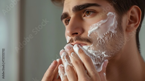 Handsome man taking care of face skin after shaving. Banner background design photo