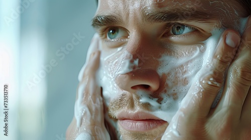 Handsome man taking care of face skin after shaving. Banner background design