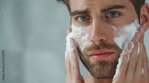 Handsome man taking care of face skin after shaving. Banner background design photo