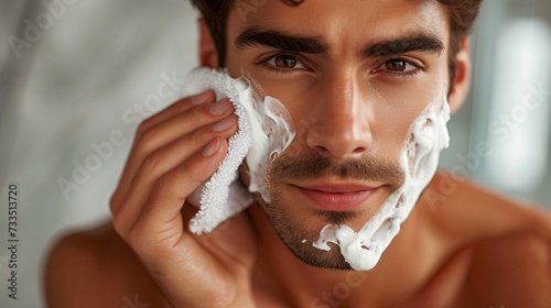 Handsome man taking care of face skin after shaving. Banner background design photo