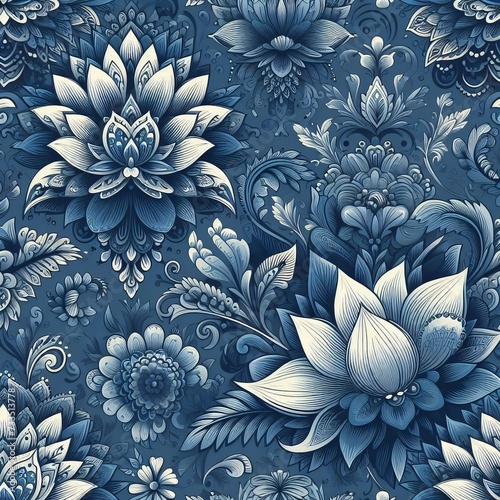 Seamless pattern with flowers blue wallpaper, ornament, decoration © Mell25