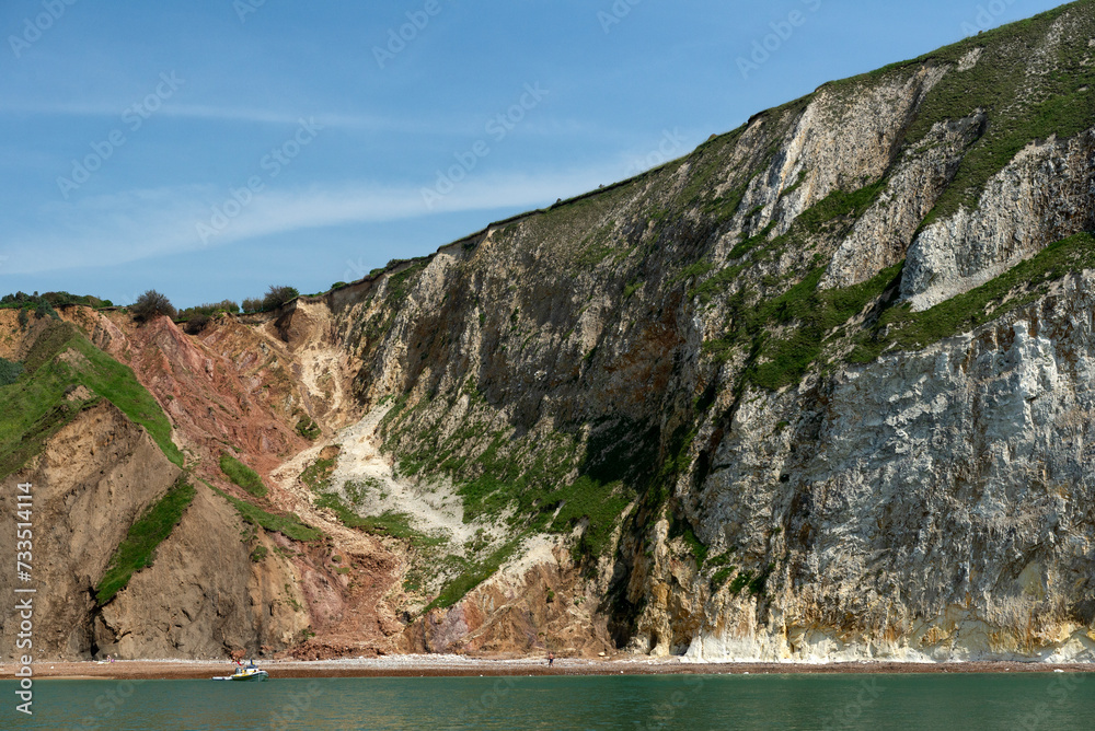 View of multi-coloured sand cliffs of Alum Bay, Isle of Wight, UK