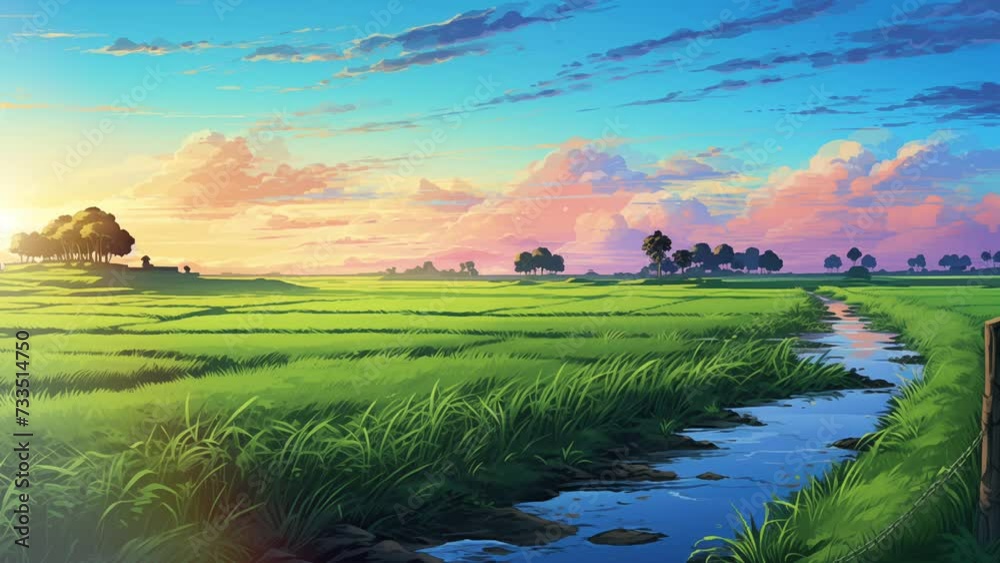 Animation of rice fields with flowing rivers and mountain views. Digital painting or cartoon style animated background. 4k loop animation.