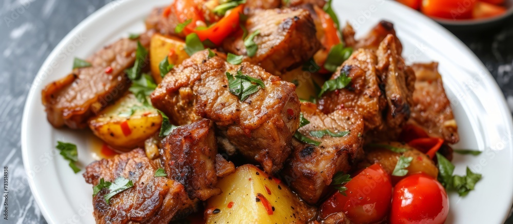 Savory Delight: Triple the Flavor with Fried Pork, Potatoes, and Tomatoes Savory Delight: Triple the Flavor with Fried Pork, Potatoes, and Tomatoes