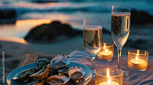 Romantic seafood dinner with oysters dish concept. Banner background design