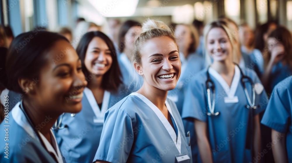 Multiracial group of medical students using computer while studying in lecture hall. Neural network AI generated art Multiracial group of medical students using computer while studying in lecture hall. Neural network AI generated art