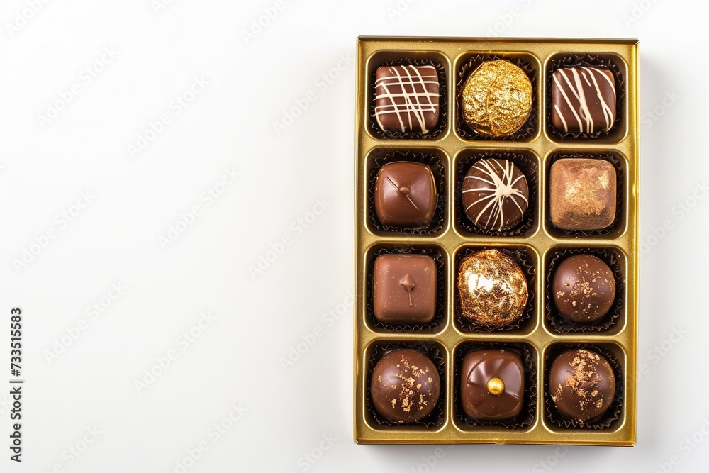 A golden box is filled with 12 assorted chocolates, each displaying different shapes, textures, and decorative patterns. The box is set against an isolated white background. A golden box is filled with 12 assorted chocolates, each displaying different shapes, textures, and decorative patterns. The box is set against an isolated white background.