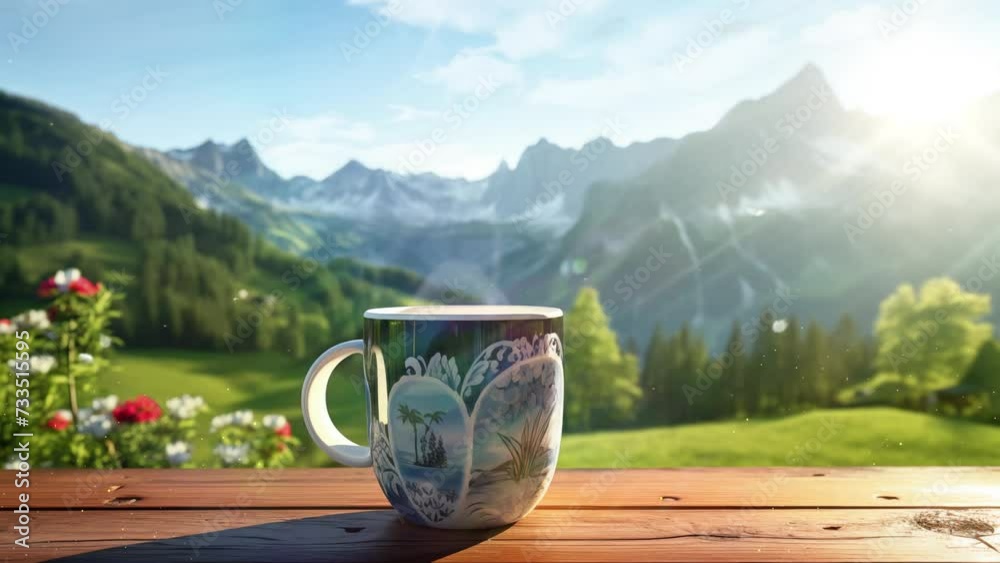 morning coffee cup with mountain view. beautiful nature view enjoying with a cup of coffee. seamless looping overlay 4k virtual video animation background 