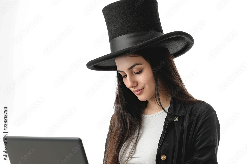 smile caucasian hispanic woman age 20s is working on her laptop while wearing black top hat, smile caucasian hispanic woman age 20s is working on her laptop while wearing black top hat,