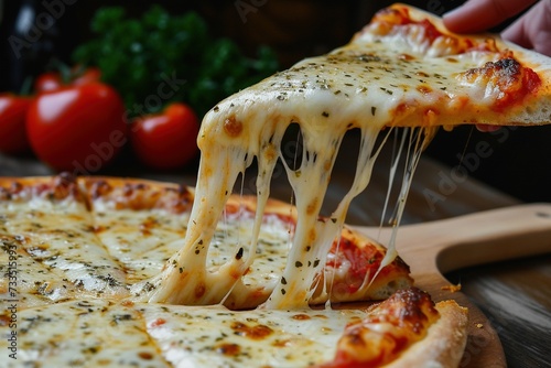 A slice of hot Italian pizza with stretching cheese  