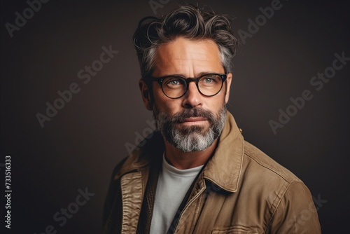 Portrait of a handsome middle-aged man in glasses and a brown jacket. Men's beauty, fashion.