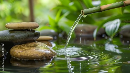 Landscape scene of water gently falling through a bamboo shoot in an arrangement of zen stones. Peaceful and green setting. Smooth water flow complementing the look of the scene.