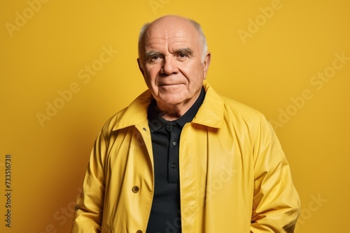 Portrait of an elderly man in a yellow raincoat on a yellow background