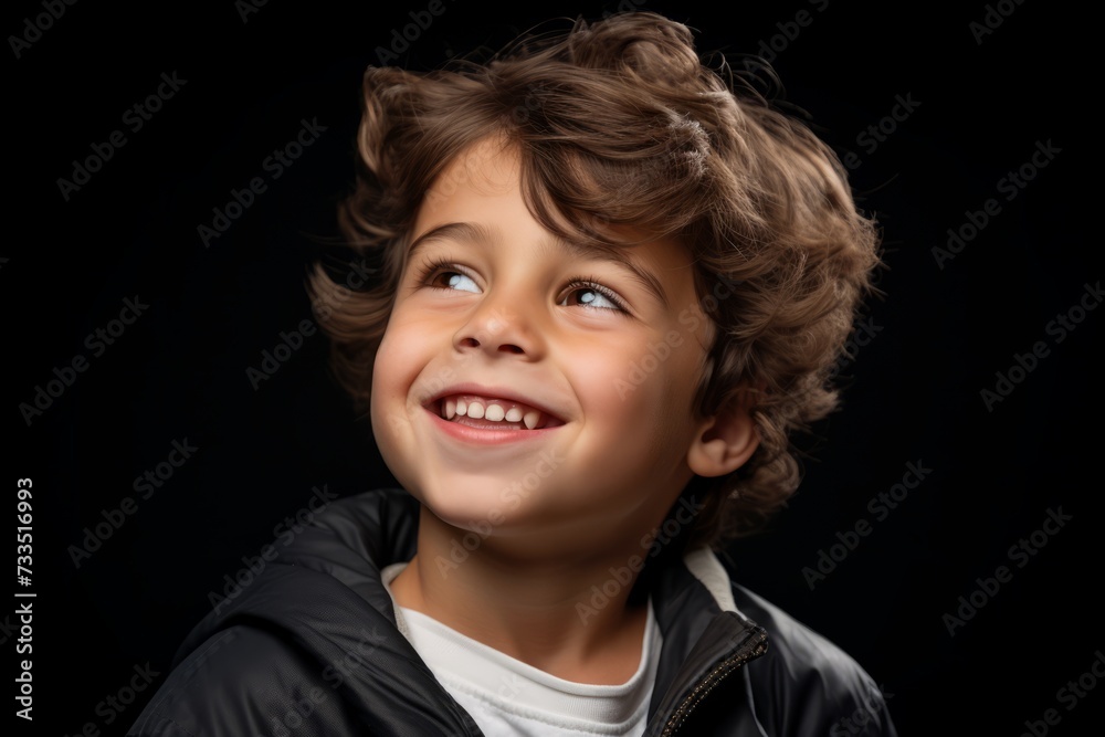 Portrait of a cute little boy with curly hair on black background