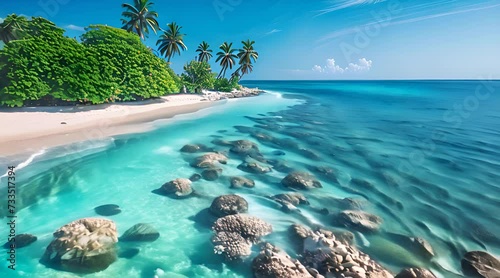 A vibrant coral atoll with turquoise waters and white sandy beaches
 photo