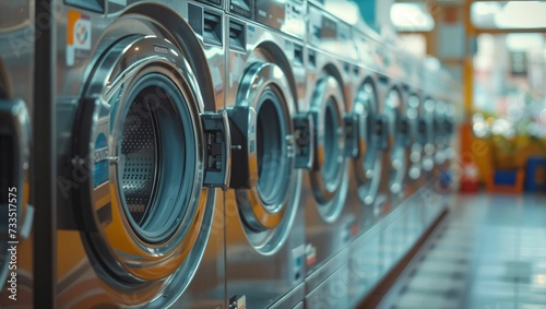 Row of washing machines in laundromat, modern laundromat photo