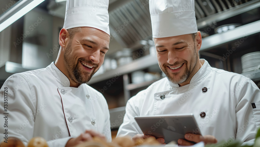Two professional chefs happily look at reviews on tablets in a commercial kitchen