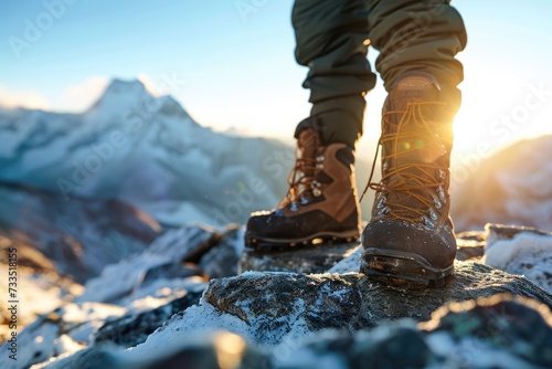 Everest Triumph: Trekker's Boots at the Iconic Everest Summit, Bathed in Sunset's Radiance and Sun Flare Glory, Symbolizing the Triumph of a Himalayan Adventure.