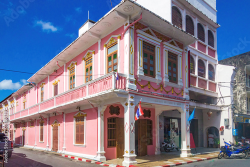 Restored sino portuguese architecture on the corner of Soi Rommanee and Thalang Road in old Phuket Town, Thailand photo