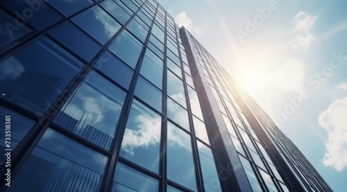 Modern office building with glass facade on a clear sky background. Transparent glass wall of office building. © Riz