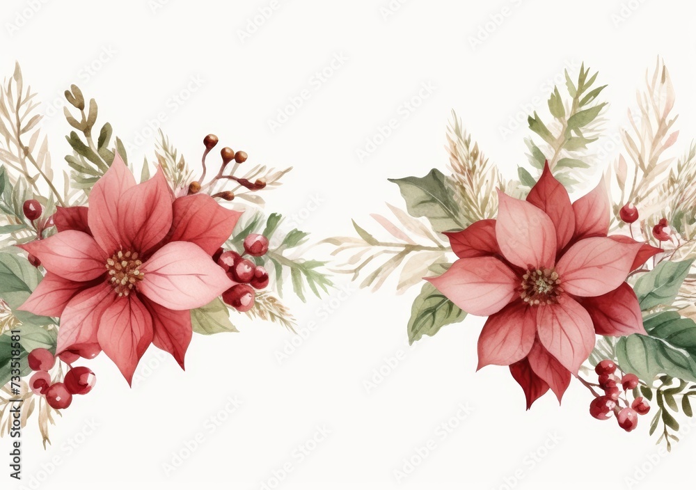 Abstract watercolor red and white flowers blooming with leaves pattern background