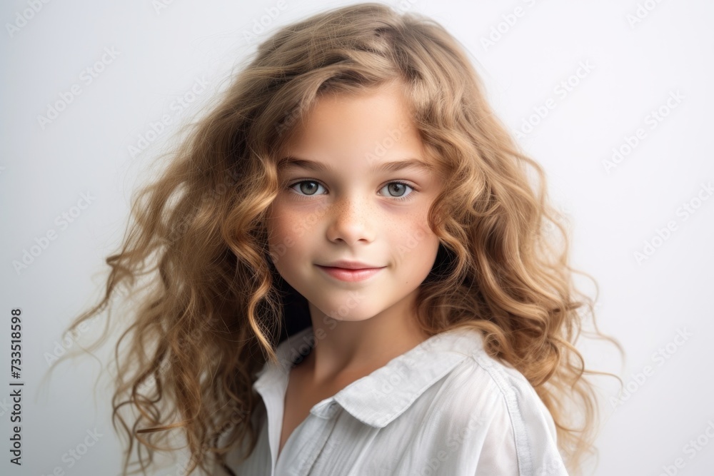 Portrait of a cute little girl with long curly hair. Studio shot. Portrait of a cute little girl with long curly hair. Studio shot.