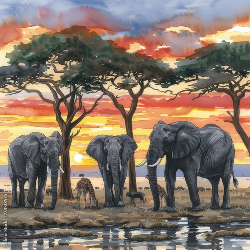 African Elephants at Sunset by Watering Hole