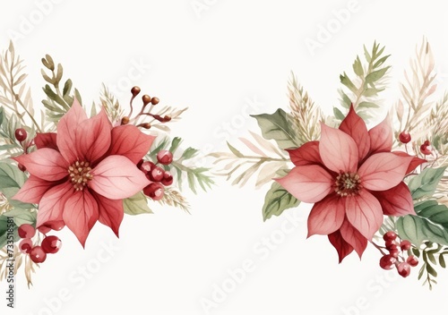 Abstract watercolor red and white flowers blooming with leaves pattern background