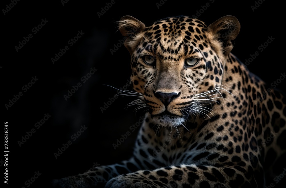 Close up of Leopard isolated on black background.