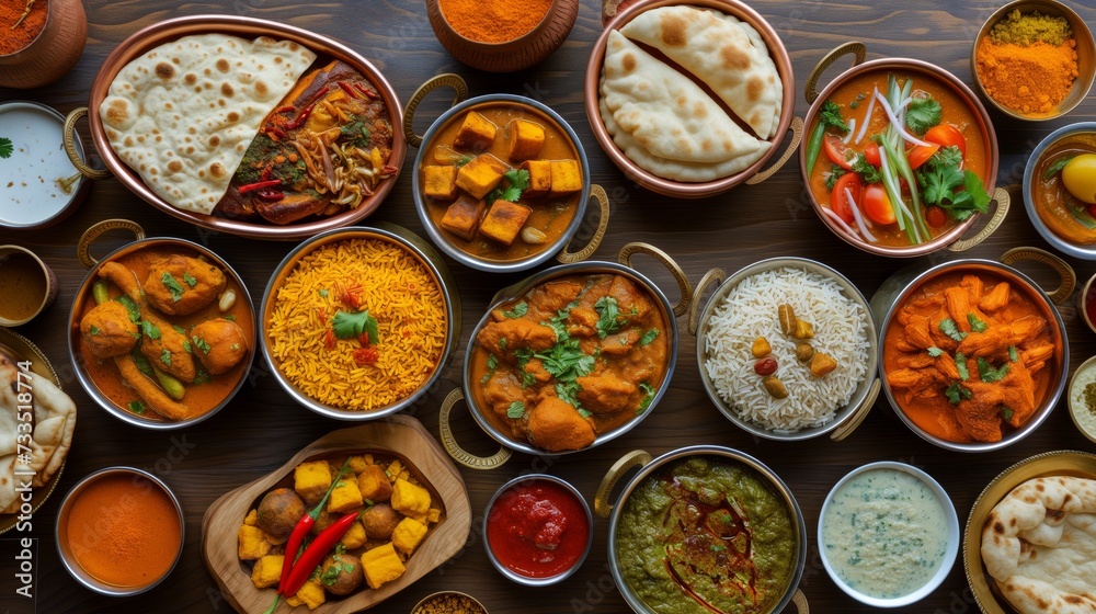 Assortment of Traditional Indian Cuisine with Various Dishes and Spices