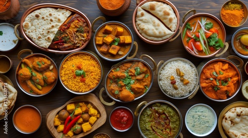 Colorful Indian Cuisine Spread - Traditional Dishes on Wooden Surface