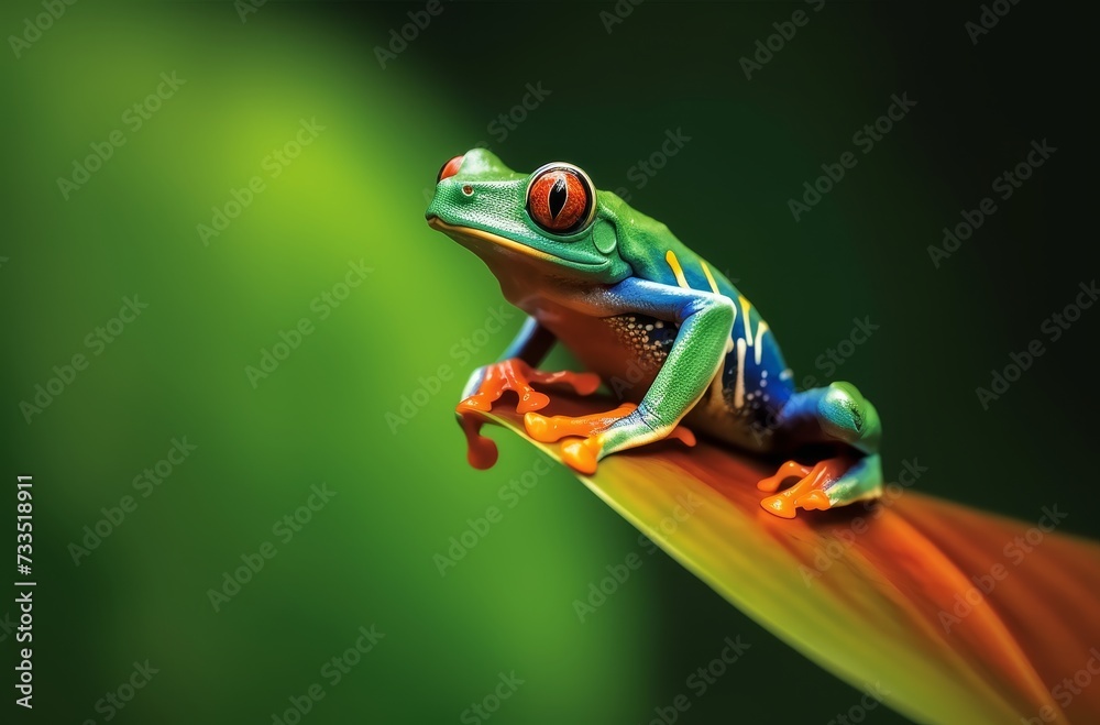 Fototapeta premium Bright red and green colored frog sitting on a leaf