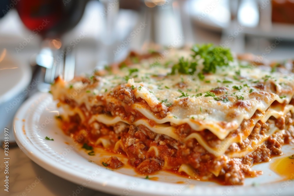 Serving of lasagna on a white plate, garnished with herbs, on a light background Serving of lasagna on a white plate, garnished with herbs, on a light background