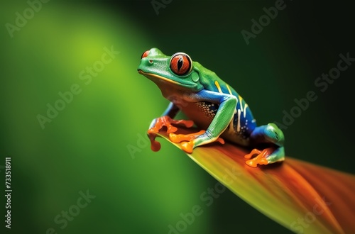 Bright red and green colored frog sitting on a leaf