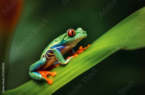 Bright red and green colored frog sitting on a leaf © Riz