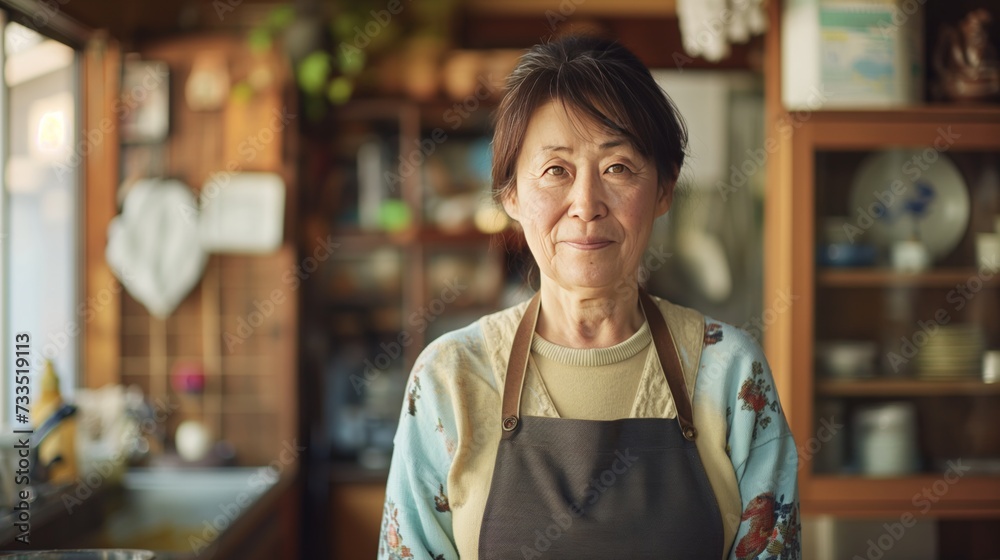 Japanese elder woman wearing apron and standing in kitchen room. Japanese elder woman wearing apron and standing in kitchen room.