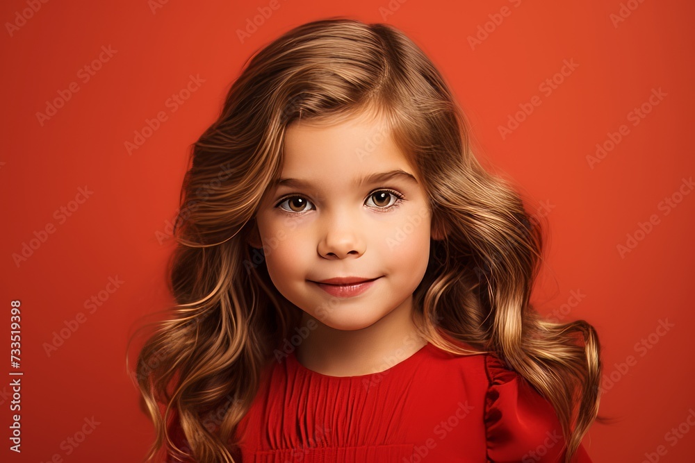 smiling little girl in red dress looking at camera over red background smiling little girl in red dress looking at camera over red background
