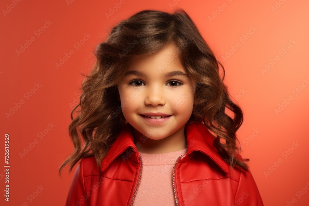 beauty, people and fashion concept - smiling little girl in red jacket over red background beauty, people and fashion concept - smiling little girl in red jacket over red background