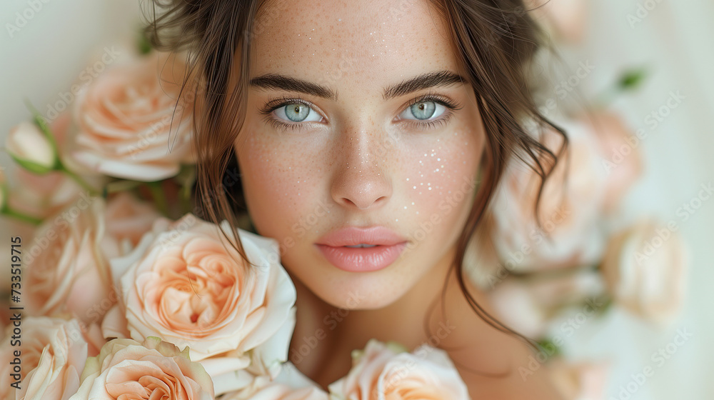 Beautiful. Beautiful white girl with flowers. Stunning brunette girl with big bouquet flowers of roses. Closeup face of young beautiful woman with a healthy clean skin. Pretty woman with bright makeup Beautiful. Beautiful white girl with flowers. Stunning brunette girl with big bouquet flowers of roses. Closeup face of young beautiful woman with a healthy clean skin. Pretty woman with bright makeup