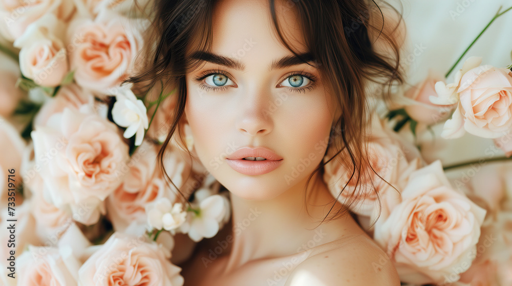 Beautiful. Beautiful white girl with flowers. Stunning brunette girl with big bouquet flowers of roses. Closeup face of young beautiful woman with a healthy clean skin. Pretty woman with bright makeup Beautiful. Beautiful white girl with flowers. Stunning brunette girl with big bouquet flowers of roses. Closeup face of young beautiful woman with a healthy clean skin. Pretty woman with bright makeup