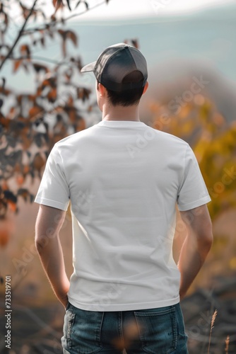 back view of a men's white tshirt print on demand mockup on man blurred outside summer background - generative ai © Lukasz Czajkowski