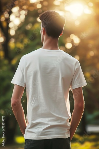 back view of a men's white tshirt print on demand mockup on man blurred background - generative ai