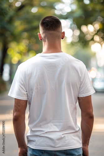 back view of a men's white tshirt print on demand mockup on man blurred outside summer background - generative ai