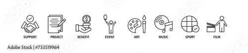 Sponsor banner web icon set vector illustration concept with icon of support, project, benefit, art, event, music, sport, and film