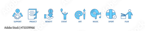 Sponsor banner web icon set vector illustration concept with icon of support, project, benefit, art, event, music, sport, and film