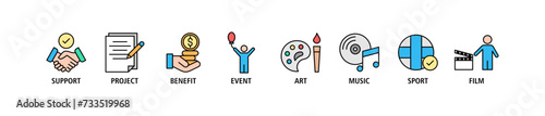 Sponsor banner web icon set vector illustration concept with icon of support, project, benefit, art, event, music, sport, and film