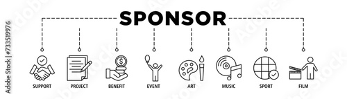 Sponsor banner web icon set vector illustration concept with icon of support, project, benefit, art, event, music, sport, and film